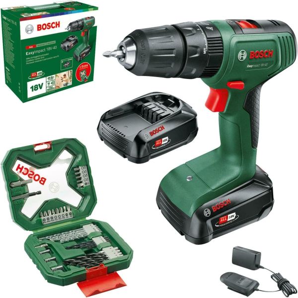 Акумуляторний ударний дриль-шурупокрут Bosch EasyImpact 18V-40 з набором аксесуарів X-line 34 шт, 2 акб 2 Ah, з/у AL 18 V-20 (06039D8109)