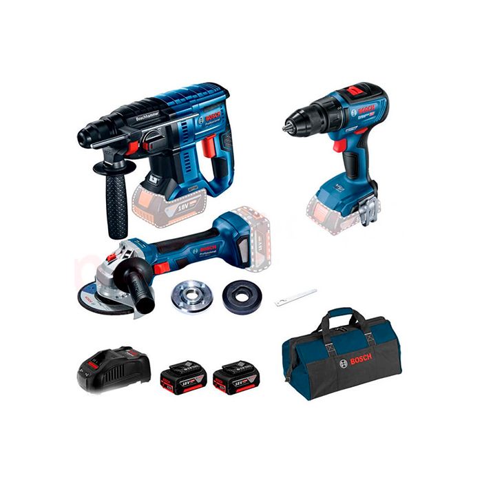 Набір інструментів Bosch Professional перфоратор GBH 180-LI + дриль-шурупокрут GSR 18V-50 + болгарка GWS 180-LI в сумці з 2 акб GBA 18V 5.0Ah і з/п GAL 1880 CV (0615990M32)
