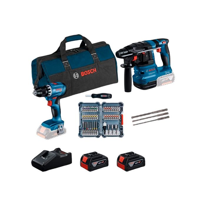 Комбо-набір Bosch GSR 18V-45 + GBH 18V-22 з бітами, свердлами, 2x GBA 4.0Ah і GAL 18V-40 (0615V0003D)