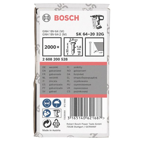 Цвяхи фінішні Bosch SK64-20 32G 1.6x2.8x1.35x32 мм 2000 шт (2608200528)