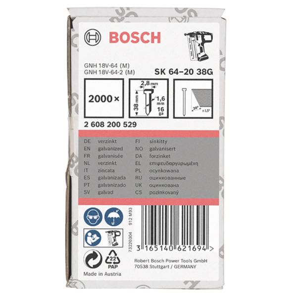 Цвяхи фінішні Bosch SK64-20 38G 1.6x2.8x1.35x38 мм 2000 шт (2608200529)