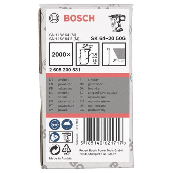 Цвяхи фінішні Bosch SK64-20 50G 1.6x2.8x1.35x50 мм 2000 шт (2608200531)