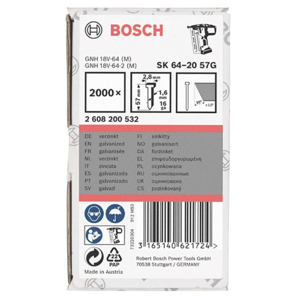 Цвяхи фінішні Bosch SK64-20 57G 1.6x2.8x1.35x57 мм 2000 шт (2608200532)