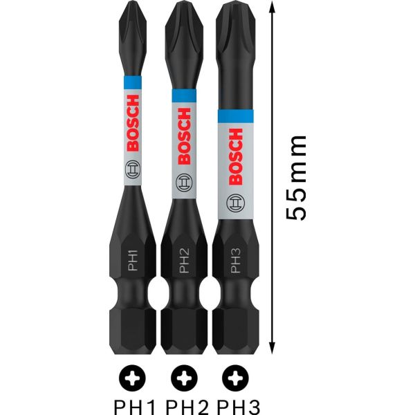 Набір біт Bosch Pro Phillips Impact Set PH1/2/3, 55 мм, 3 шт (2608522491)