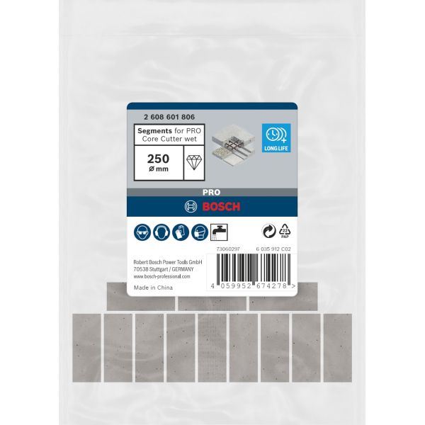 Змінні алмазні сегменти для коронки Bosch PRO Core Cutter wet, 250x10 мм, 1 1/4 UNC, 18 шт (2608601806)