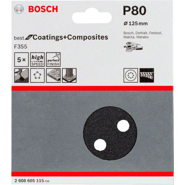 Шліфувальний лист Bosch F355 Best for Coatings and Composites 125 мм, зерно 80, 5 шт (2608605115)