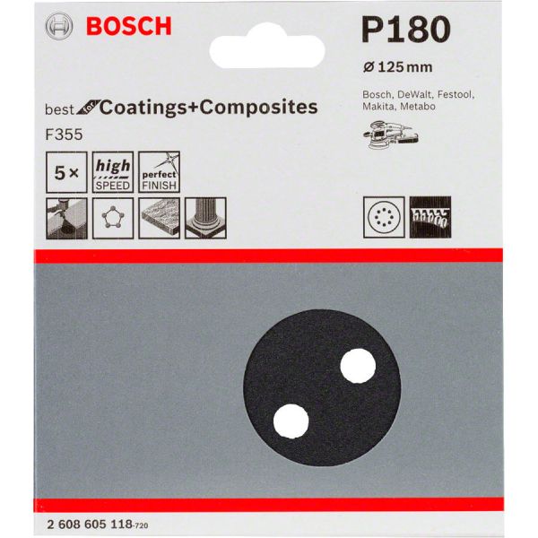 Шліфувальний лист Bosch F355 Best for Coatings and Composites 125 мм, зерно 180, 5 шт (2608605118)