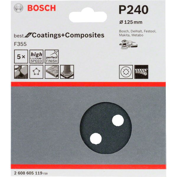 Шліфувальний лист Bosch F355 Best for Coatings and Composites 125 мм, зерно 240, 5 шт (2608605119)