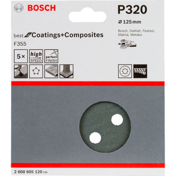 Шліфувальний лист Bosch F355 Best for Coatings and Composites 125 мм, зерно 320, 5 шт (2608605120)