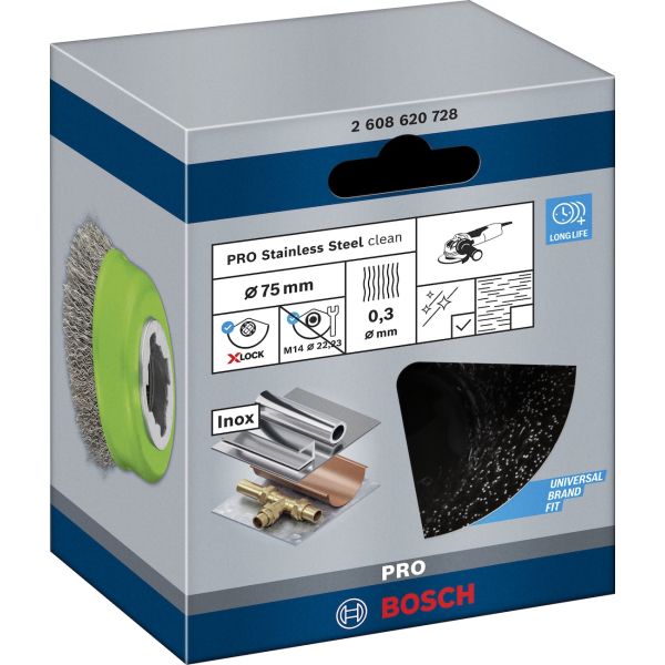 Зачисна чашкова щітка Bosch Pro Stainless Steel clean 75x0.3 мм, X-Lock (2608620728)