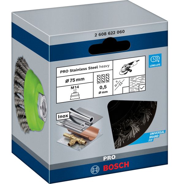 Щітка Bosch нержавіюча 75 мм, 0,5 мм, M14 (2608622060)