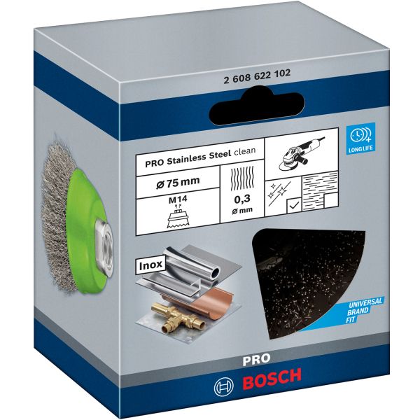 Щітка Bosch нержавіюча 75 мм, 0,3 мм, M14 (2608622102)