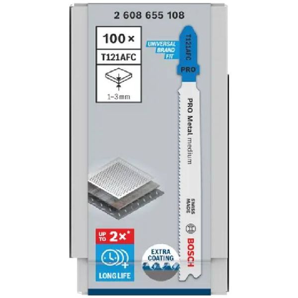 Пиляльне полотно для лобзика Bosch PRO Metal medium T121AFC Jigsaw Blade, 1.2х92 мм, 100 шт (2608655108)
