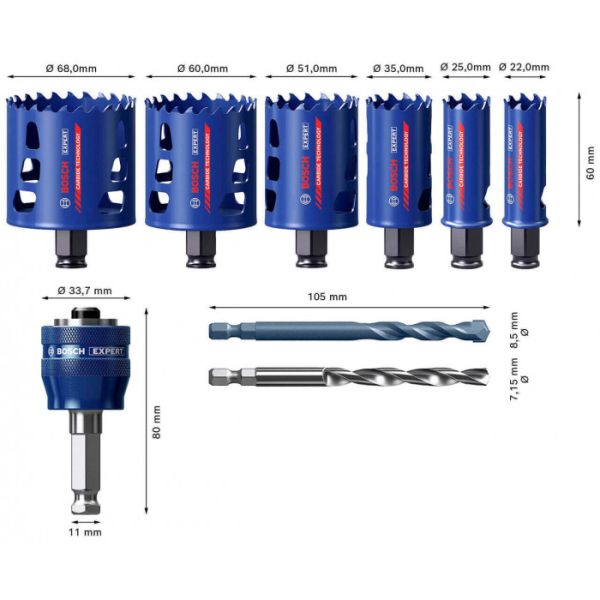 Набір коронок по міцним матеріалам Bosch Expert Tough Material, 22, 25, 35, 51, 60, 68 мм, 9 шт (2608900445)