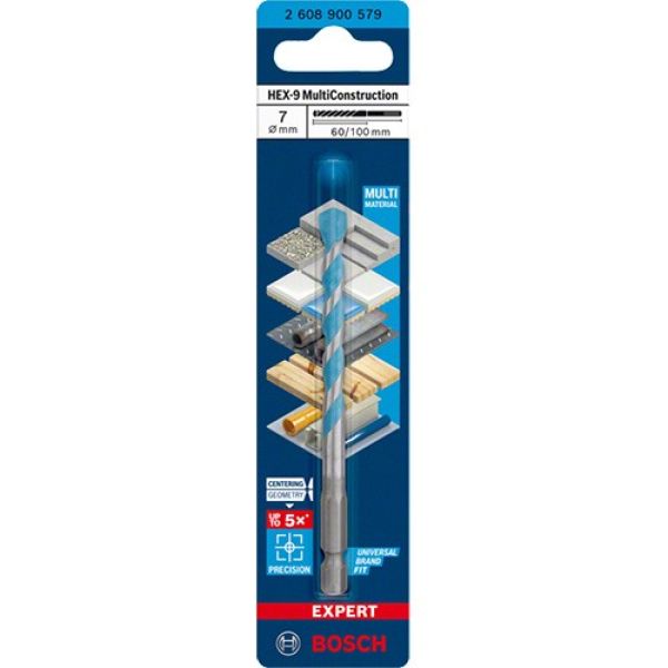 Свердло спіральне Bosch Expert HEX-9 Multi Construction, 7x60x100 мм (2608900579)