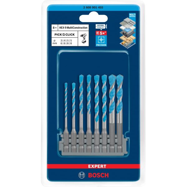 Набір свердел спіральних Bosch Expert HEX-9 MultiConstruction Pick and Click, 3-8 мм, 8 шт (2608901455)
