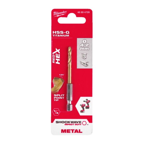 Свердло по металу RedHEX SHOCKWAVE™ HSS-TiN MILWAUKEE, діаметр 4,2х74х28мм (48894709)