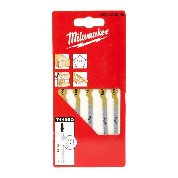 Полотна для лобзиків T119BO MILWAUKEE, 50х2,0мм, (5шт), (деревина, фігурний різ) (4932274650)
