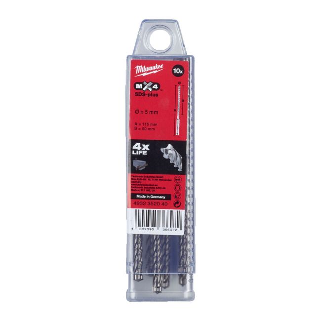 Бур SDS-PLUS MX4 MILWAUKEE, діаметр 5,0х115х50мм, (10шт), пластикова коробка (4932352040)