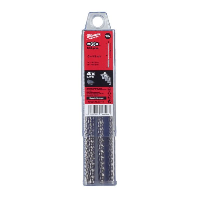 Бур SDS-PLUS MX4 MILWAUKEE, діаметр 5,5х165х100мм, (10шт), пластикова коробка (4932352041)