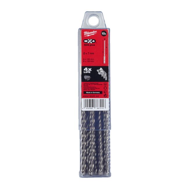 Бур SDS-PLUS MX4 MILWAUKEE, діаметр 7,0х165х100мм, (10шт), пластикова коробка (4932352044)