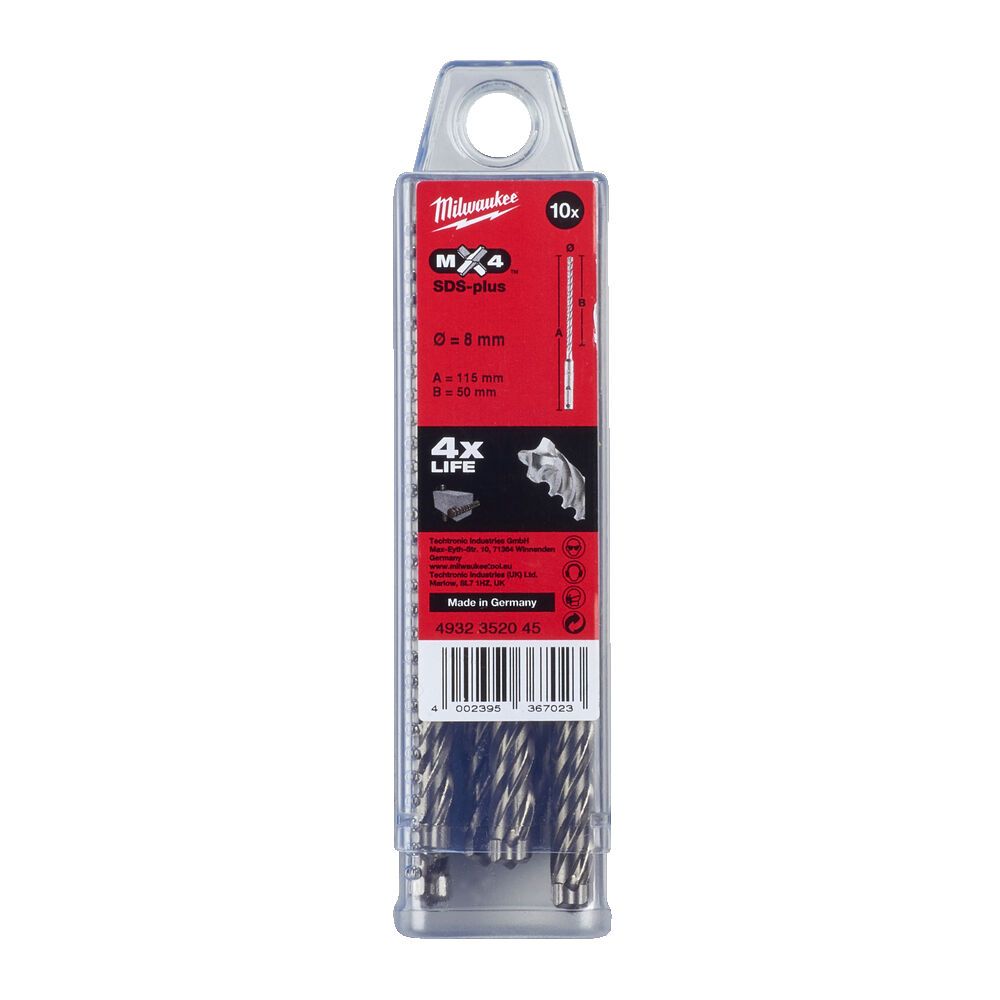 Бур SDS-PLUS MX4 MILWAUKEE, діаметр 8,0х115х50мм, (10шт), пластикова коробка (4932352045)