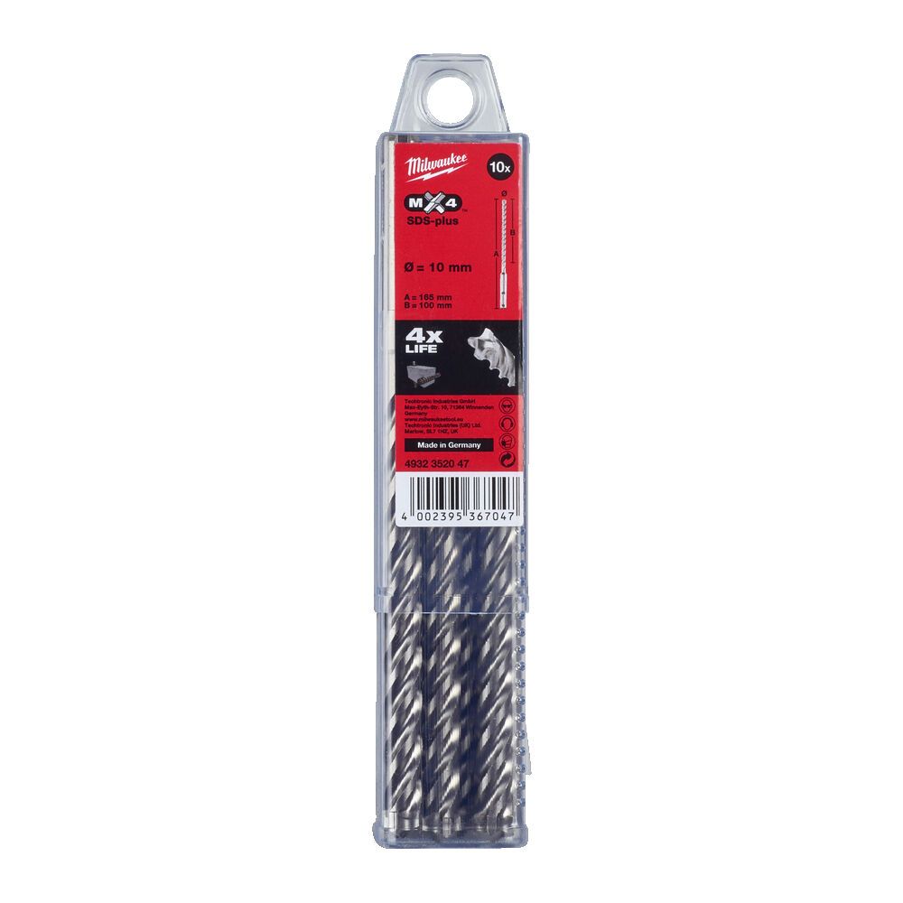 Бур SDS-PLUS MX4 MILWAUKEE, діаметр 10,0х165х100мм, (10шт), пластикова коробка (4932352047)