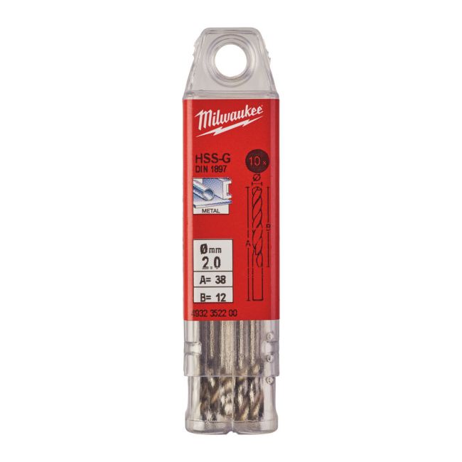 Свердло по металу HSS-G MILWAUKEE DIN1897, діаметр 2,0х38х10мм, скорочене, (10шт), пластикова коробка (4932352200)