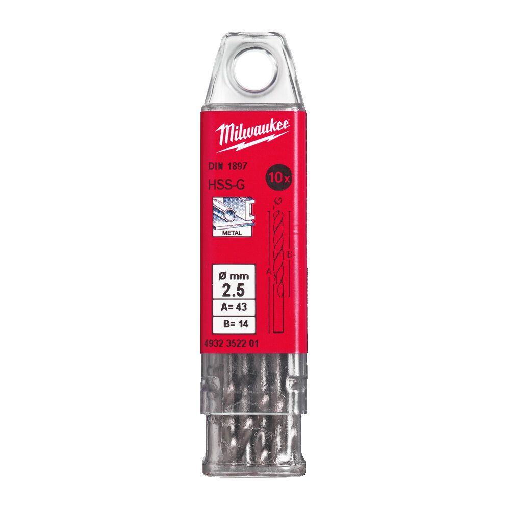 Свердло по металу HSS-G MILWAUKEE DIN1897, діаметр 2,5х43х14мм, скорочене, (10шт), пластикова коробка (4932352201)