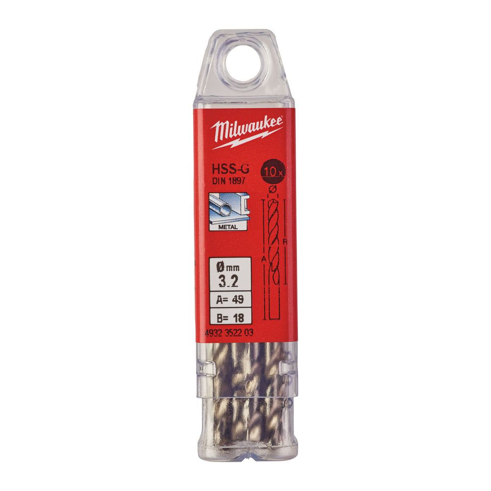 Свердло по металу HSS-G MILWAUKEE DIN1897, діаметр 3,2x49х18мм, (10шт), пластикова коробка (4932352203)