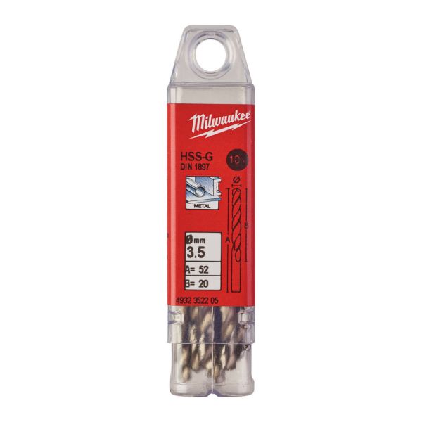 Свердло по металу HSS-G MILWAUKEE DIN1897, діаметр 3,5х52х20мм, скорочене, (10шт), пластикова коробка (4932352205)