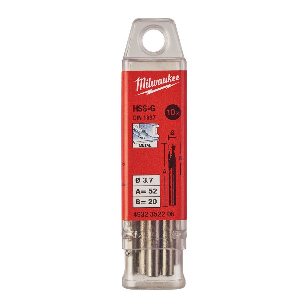 Свердло по металу HSS-G MILWAUKEE DIN1897, діаметр 3,7х52х20мм, скорочене, (10шт), пластикова коробка (4932352206)