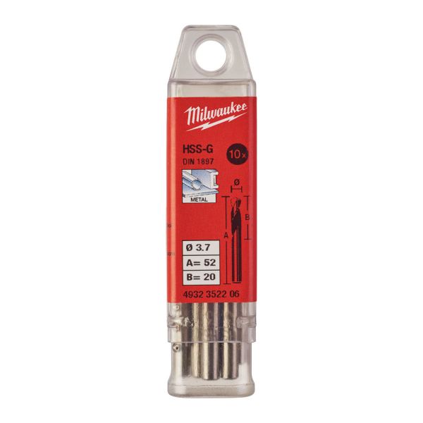 Свердло по металу HSS-G MILWAUKEE DIN1897, діаметр 3,7х52х20мм, скорочене, (10шт), пластикова коробка (4932352206)