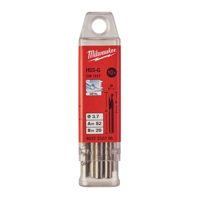Свердло по металу HSS-G MILWAUKEE DIN1897, діаметр 3,7х52х20мм, скорочене, (10шт), пластикова коробка (4932352206)