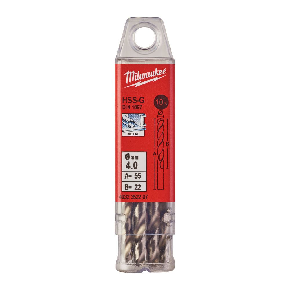 Свердло по металу HSS-G MILWAUKEE DIN1897, діаметр 4,0х55х22мм, скорочене, (10шт), пластикова коробка (4932352207)