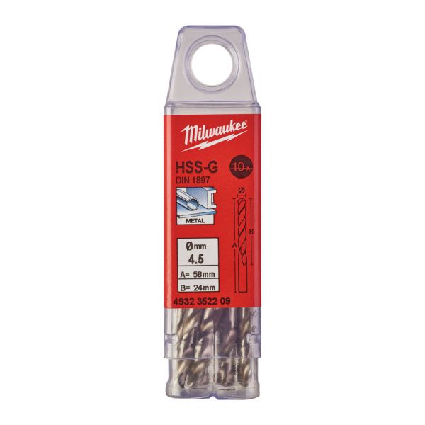 Свердло по металу HSS-G MILWAUKEE DIN1897, діаметр 4,5х58х24мм, скорочене, (10шт), пластикова коробка (4932352209)
