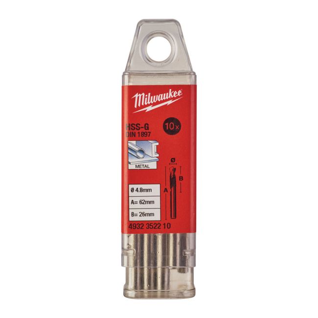 Свердло по металу HSS-G MILWAUKEE DIN1897, діаметр 4,8х62х26мм, скорочене, (10шт), пластикова коробка (4932352210)