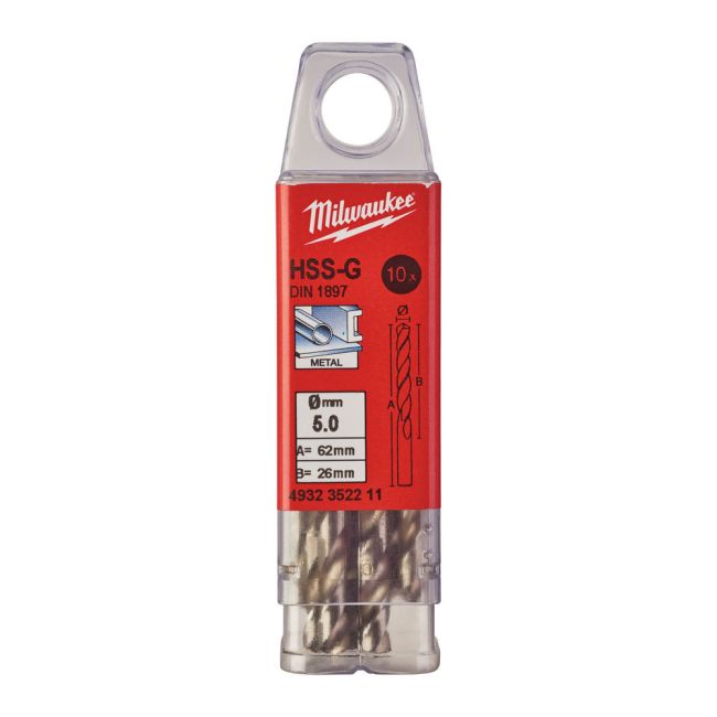 Свердло по металу HSS-G MILWAUKEE DIN1897, діаметр 5,0х62х26мм, скорочене, (10шт), пластикова коробка (4932352211)