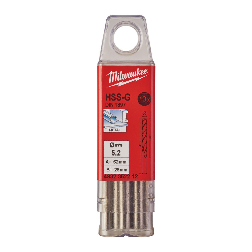 Свердло по металу HSS-G MILWAUKEE DIN1897, діаметр 5,2х62х26мм, скорочене, (10шт), пластикова коробка (4932352212)