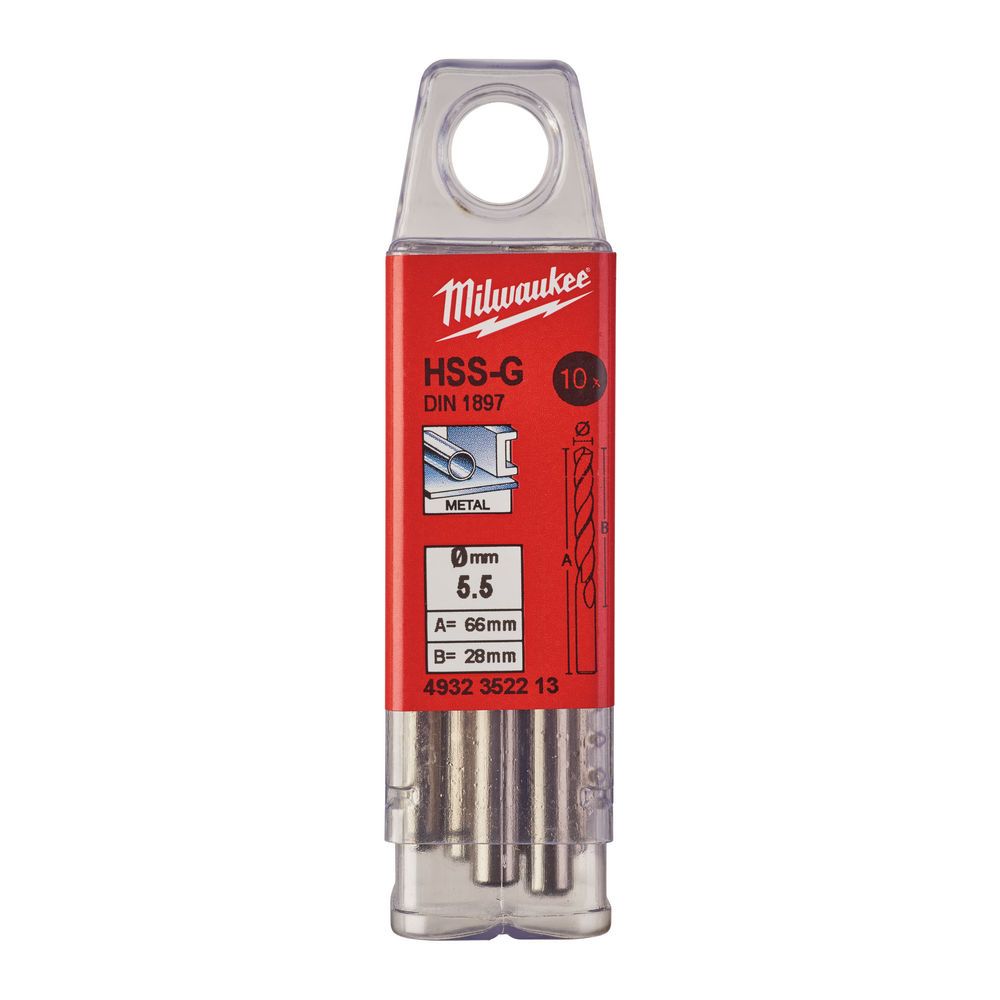 Свердло по металу HSS-G MILWAUKEE DIN1897, діаметр 5,5х66х28мм, скорочене, (10шт), пластикова коробка (4932352213)