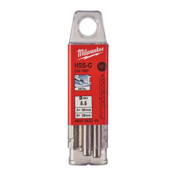 Свердло по металу HSS-G MILWAUKEE DIN1897, діаметр 5,5х66х28мм, скорочене, (10шт), пластикова коробка (4932352213)