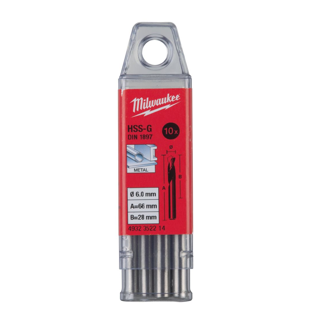 Свердло по металу HSS-G MILWAUKEE DIN1897, діаметр 6,0х66х28мм, скорочене, (10шт), пластикова коробка (4932352214)