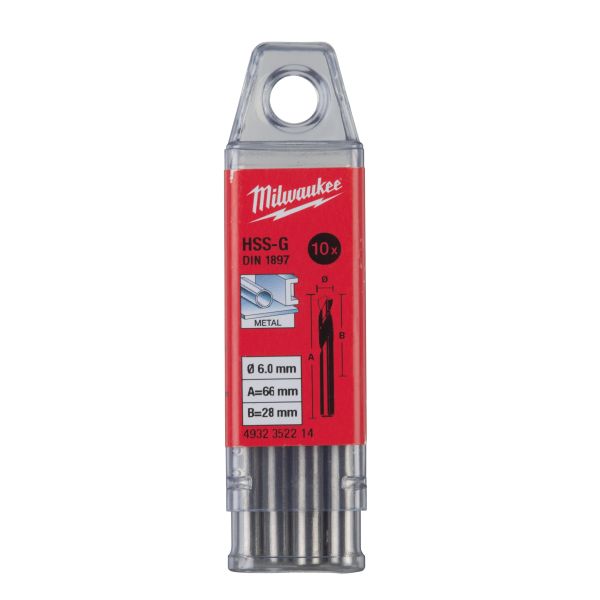 Свердло по металу HSS-G MILWAUKEE DIN1897, діаметр 6,0х66х28мм, скорочене, (10шт), пластикова коробка (4932352214)