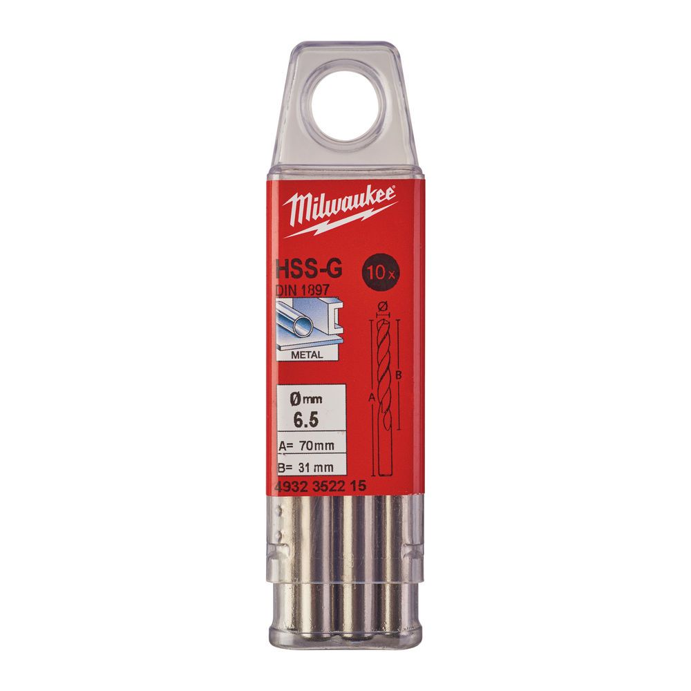 Свердло по металу HSS-G MILWAUKEE DIN1897, діаметр 6,5х70х31мм, скорочене, (10шт), пластикова коробка (4932352215)
