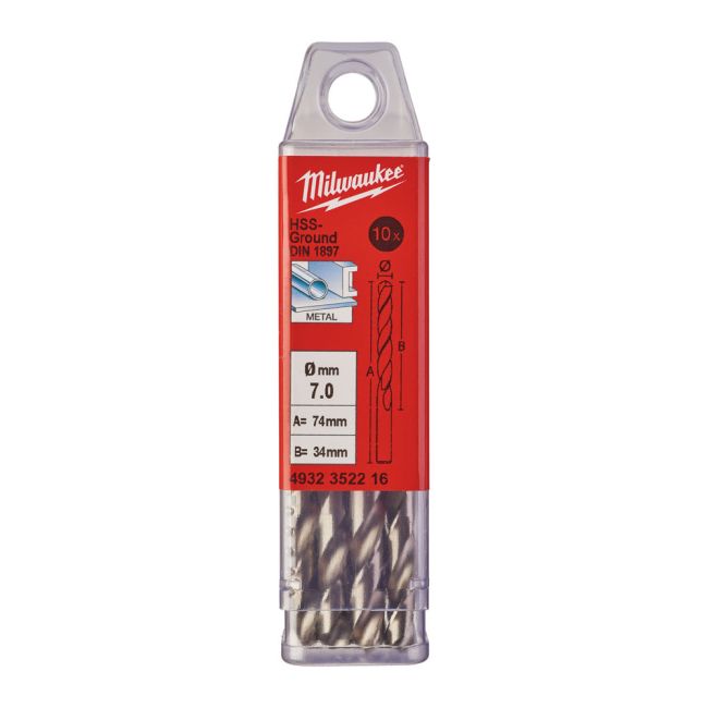 Свердло по металу HSS-G MILWAUKEE DIN1897, діаметр 7,0х74х34мм, скорочене, (5шт), пластикова коробка (4932352216)