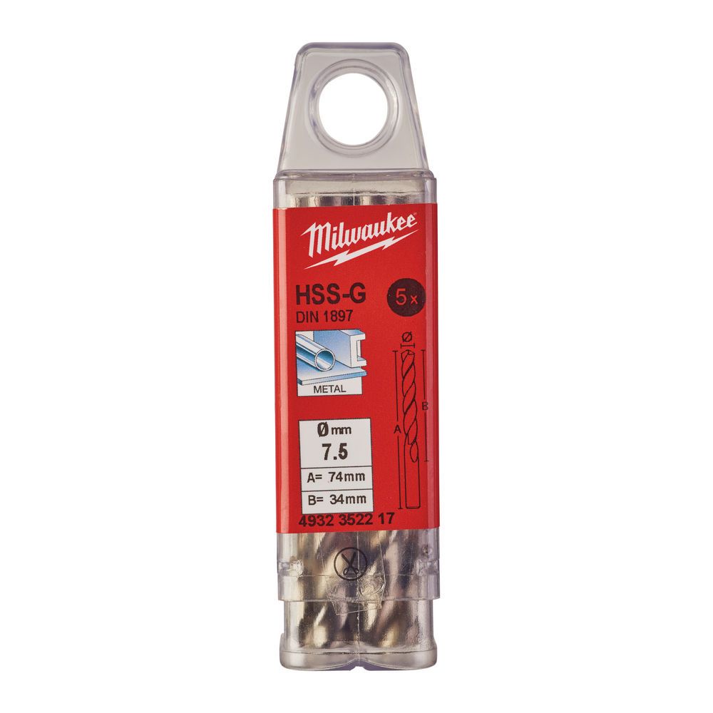 Свердло по металу HSS-G MILWAUKEE DIN1897, діаметр 7,5х74х34мм, скорочене, (5шт), пластикова коробка (4932352217)