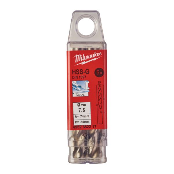 Свердло по металу HSS-G MILWAUKEE DIN1897, діаметр 7,5х74х34мм, скорочене, (5шт), пластикова коробка (4932352217)