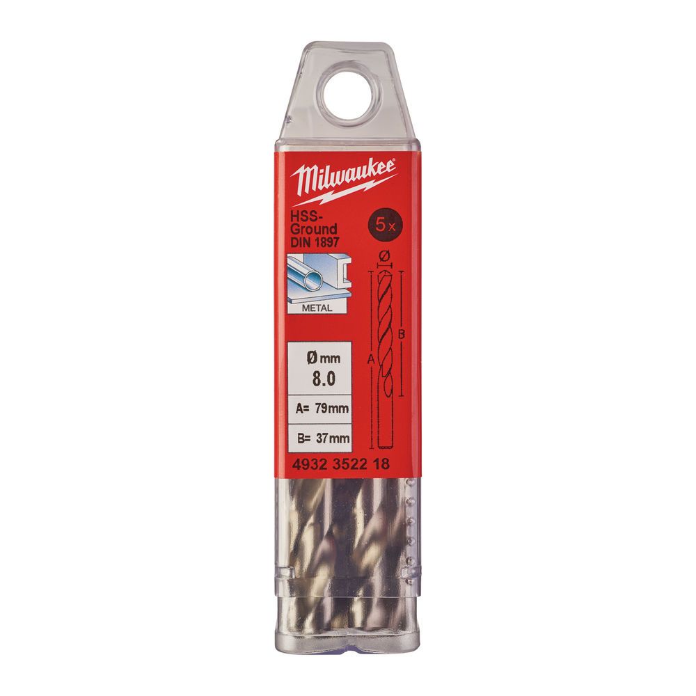Свердло по металу HSS-G MILWAUKEE DIN1897, діаметр 8,0х79х37мм, скорочене, (5шт), пластикова коробка (4932352218)