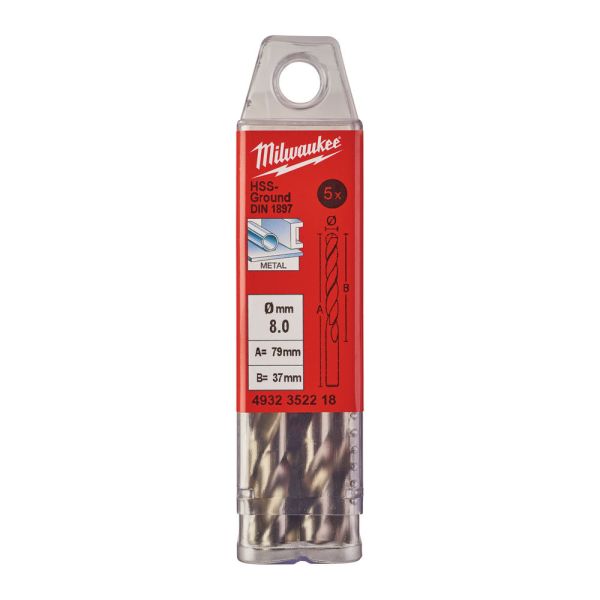 Свердло по металу HSS-G MILWAUKEE DIN1897, діаметр 8,0х79х37мм, скорочене, (5шт), пластикова коробка (4932352218)