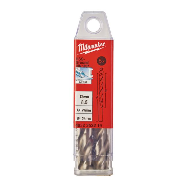 Свердло по металу HSS-G MILWAUKEE DIN1897, діаметр 8,5х79х37мм, скорочене, (5шт), пластикова коробка (4932352219)